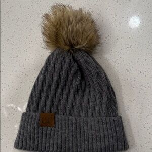 C.C Ladies Charcoal Knit Hat with Brown Pom